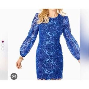 Lilly Pulitzer Georgi Long Sleeve Lace Knee Length Dress Boca Blue Size 10 NWT‎